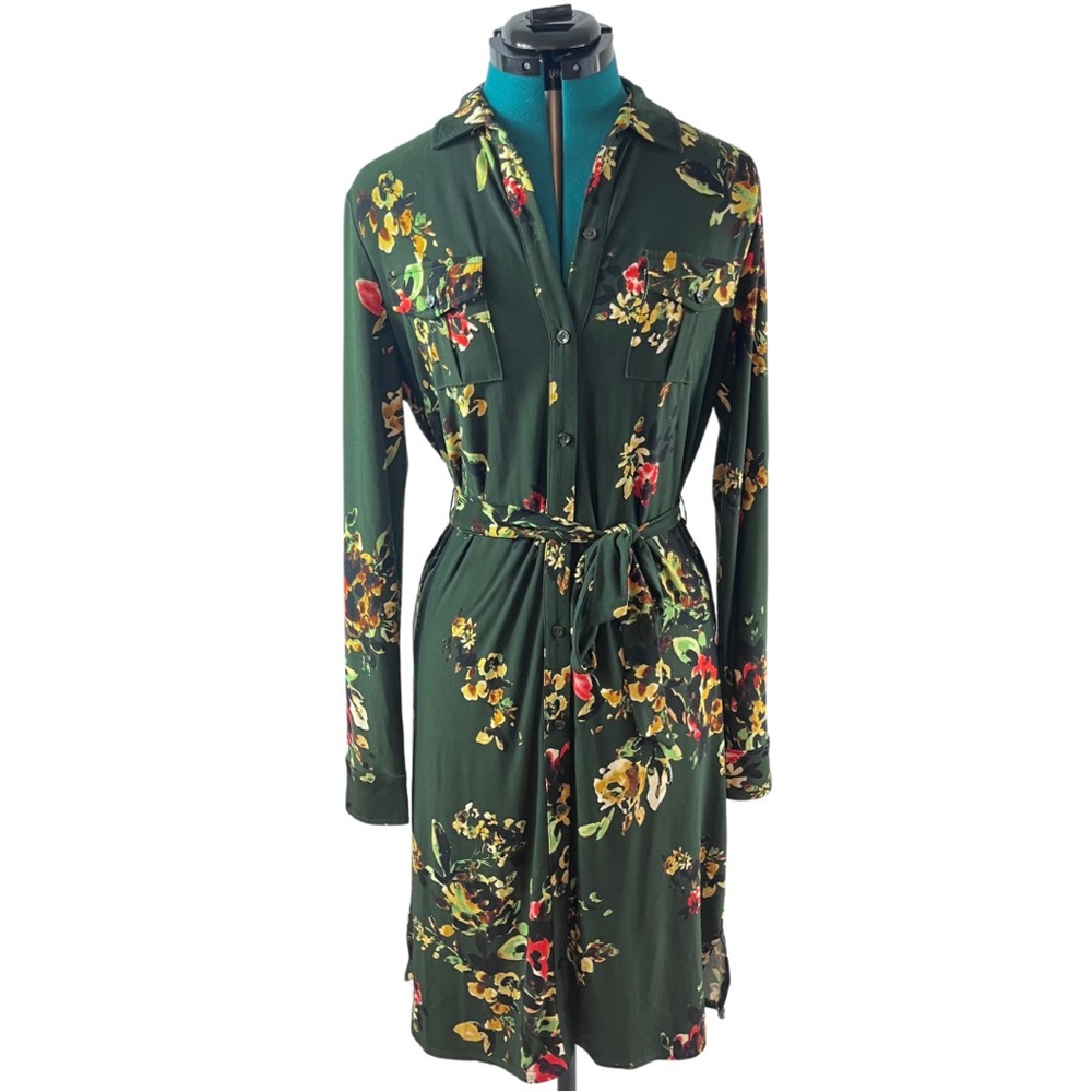 Jones New York Women Stretch Floral Belt Dress Long Sleeve Size (L)